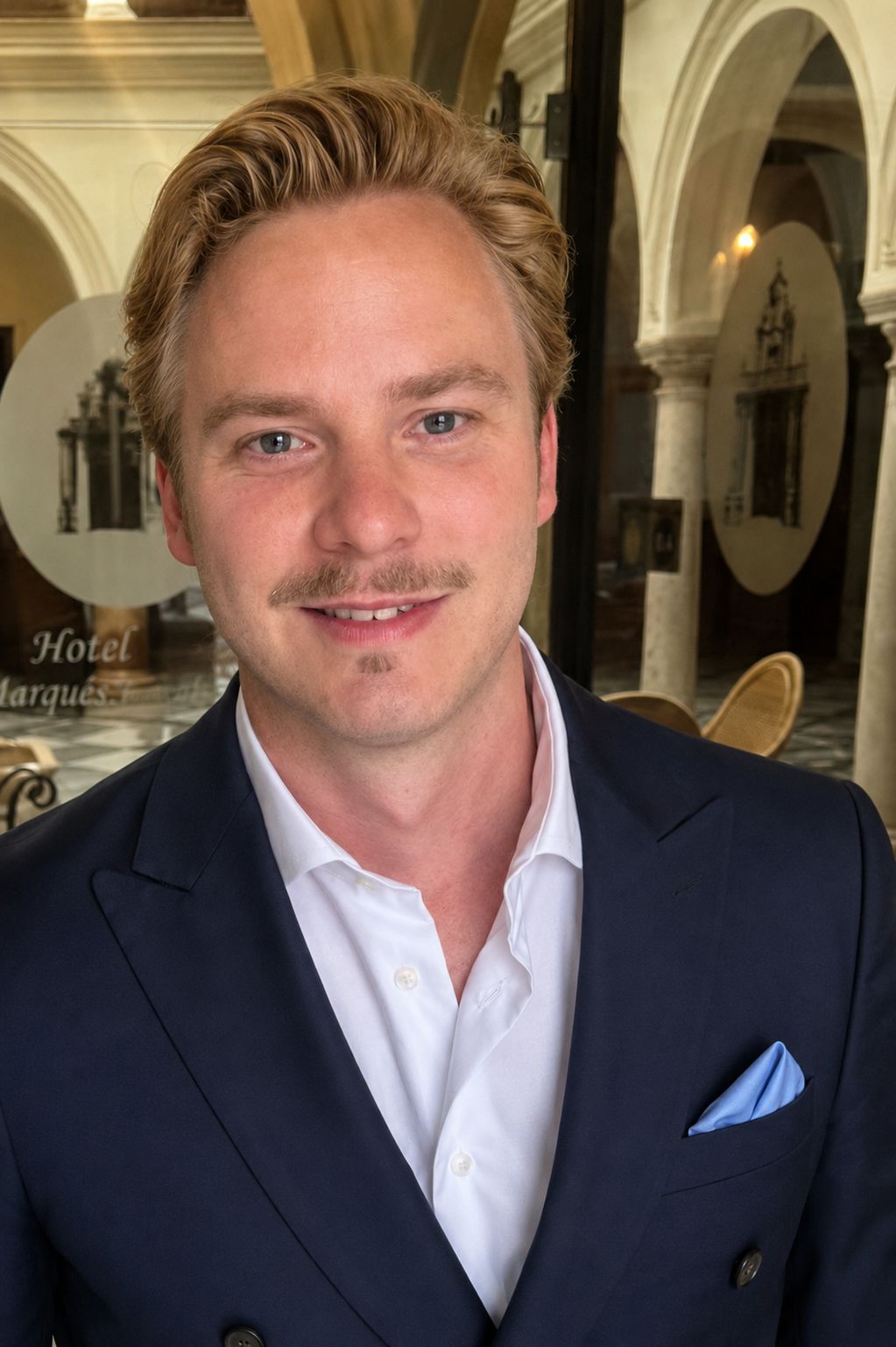 Jos Pronk in donkerblauw pak met wit overhemd, glimlachend voor de glazen pui van een hotel.